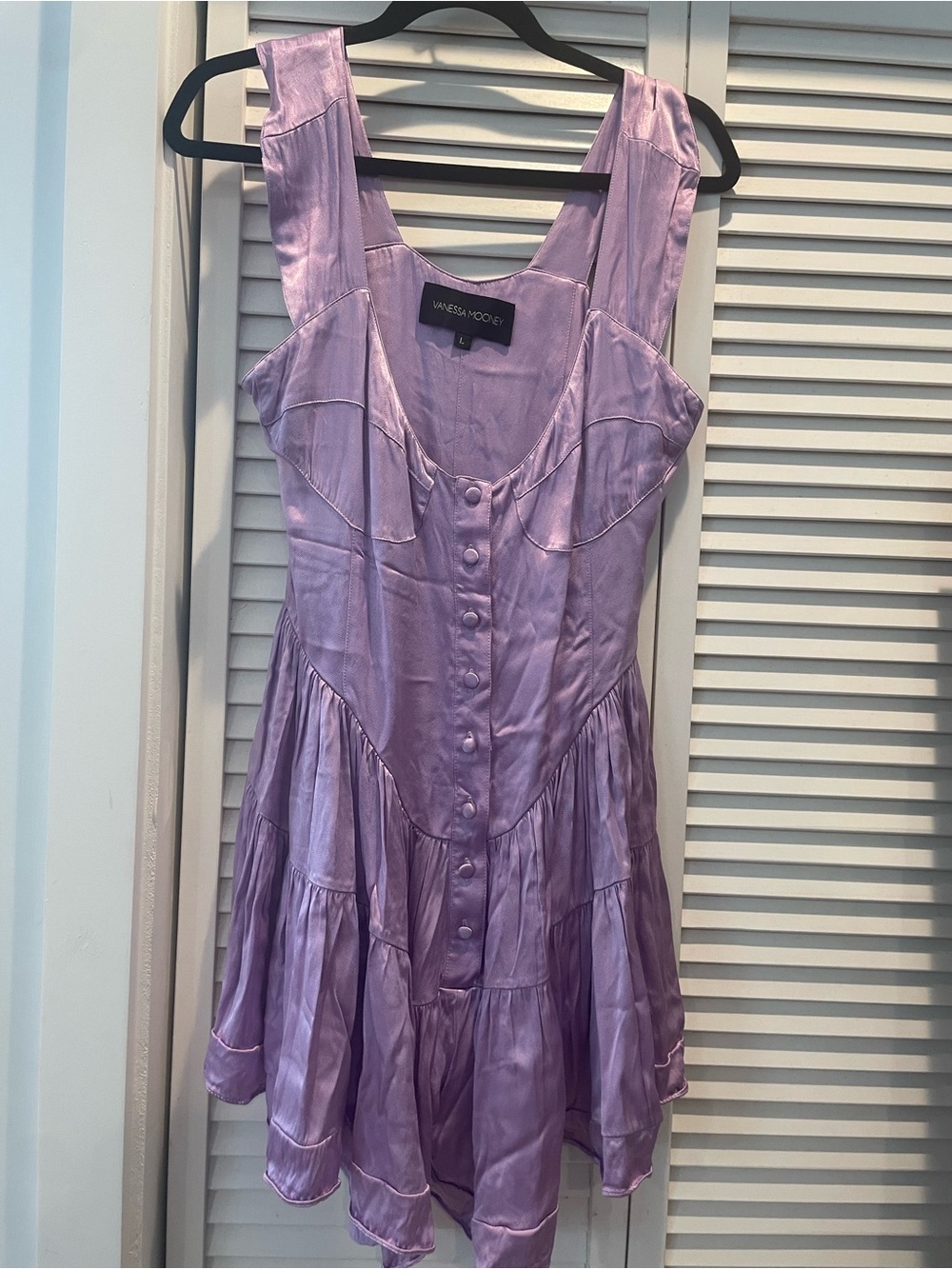 Vanessa Mooney Lavender Satin Button-Front Tiered Romper Dress